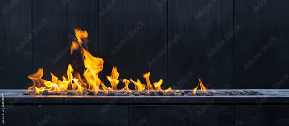 Leinwandbilder close up of an outdoor fireplace with a big yellow flame and black background. with copy space image