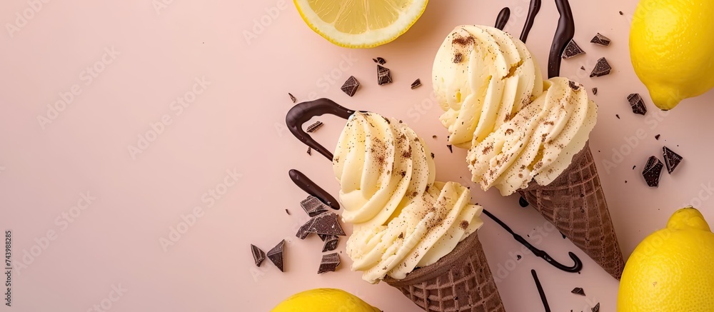 Poster homemade lemon and chocolate ice cream sandwiches. with copy space image. place for adding text or d