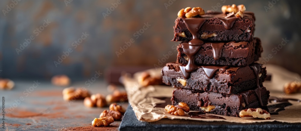 Poster chocolate spongy brownie cakes with walnuts and melted chocolate topping on a stack. with copy space