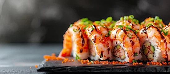 Fotobehang Black tiger prawn sushi topped with seafood. with copy space image. Place for adding text or design © vxnaghiyev