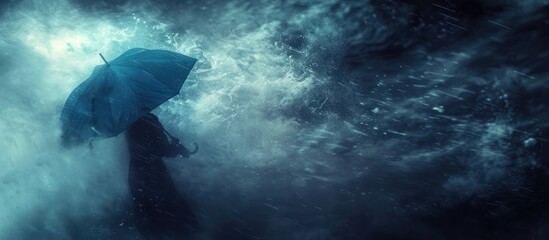 Man with blue umbrella strong wind blowing Man holding blue umbrella during thunderstorm Man strugle with wind Person with umbrella hiding from strong stormy wind rain Soft effect blurred image - obrazy, fototapety, plakaty