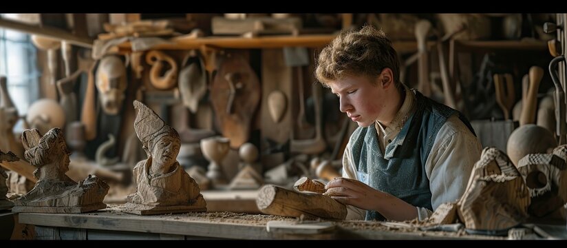 boy learning wood carving young carpenter working in a workshop. with copy space image. Place for adding text or design