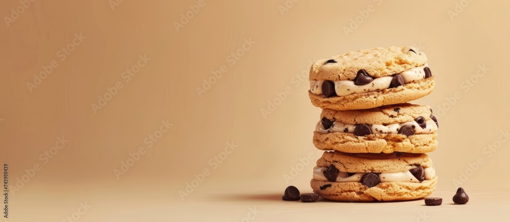 Poster homemade chocolate chip cookie ice cream sandiwch. with copy space image. place for adding text or d