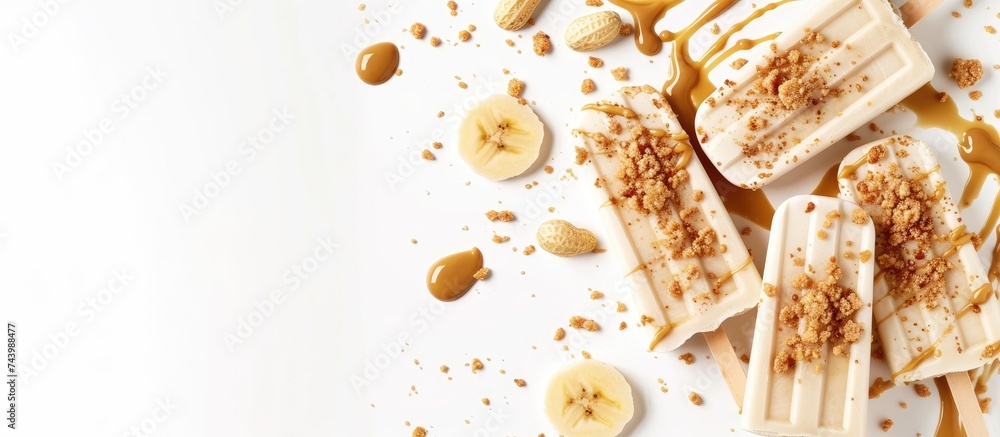 Poster peanut butter banana popsicles with sprinkles of peanuts and drizzle of raw peanut butter on top abo