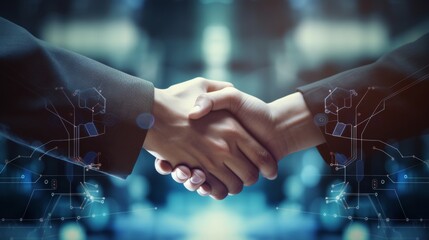 Close up of business people shaking hands against technology background, leader, teamwork, target, Aim, confident, achievement, goal, on plan, finish, generate by AI - obrazy, fototapety, plakaty