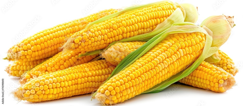 Poster ripe corn cob with dry husk leaves and kernels pile isolated on white background. with copy space im
