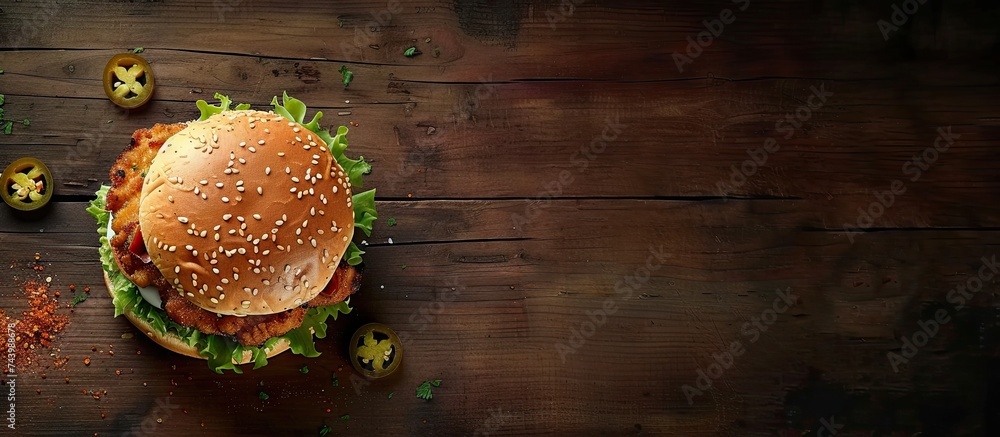Poster Southern Country Fried Chicken Sandwich with Mayo and Jalapenos. with copy space image. Place for adding text or design