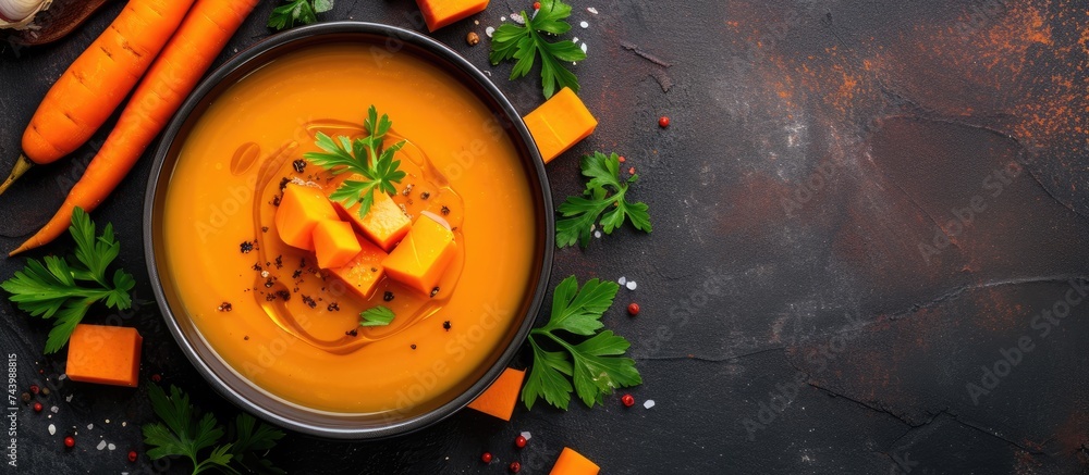 Aufkleber soup with sweet potatoes carrots pumpkin flat lay top view. with copy space image. place for adding 