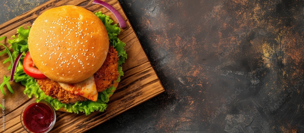 Fototapete crispy breaded chicken burger with mozzarella cheese standing on wooden cutting board. with copy spa