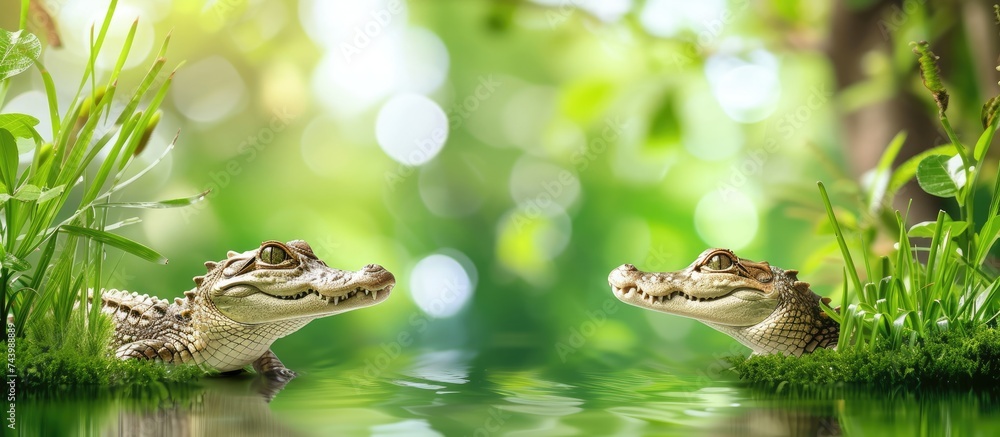 Aufkleber cute crocodiles babies bask on green grass near water. with copy space image. place for adding text 