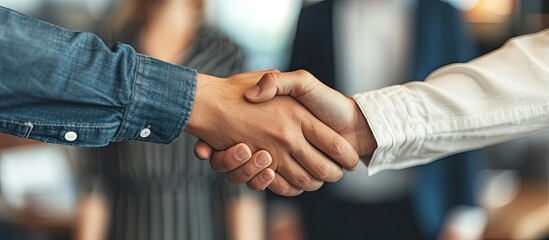 Business people shaking hands after meeting. with copy space image. Place for adding text or design - obrazy, fototapety, plakaty