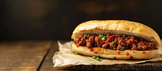 Rougamo or roujiamo Chinese hamburger a plate of Chinese meat sandwich rougamo with spicy lamb meat fillings Shaanxi China. with copy space image. Place for adding text or design - obrazy, fototapety, plakaty