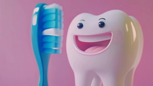 Cute white cartoon tooth hold blue toothbrush with paste in bathroom. Healthy teeth concept. Art illustration. People care about mouth hygiene. Morning evening routine. Dental health. Pink background.
