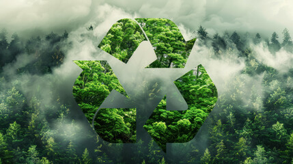 overhead perspective of recycling emblem superimposed on dense woodland to symbolize eco friendliness - obrazy, fototapety, plakaty