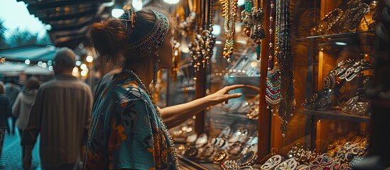 Naklejka premium Side view of customer looking at seller pointing with hand at jewelry in shop. with copy space image. Place for adding text or design