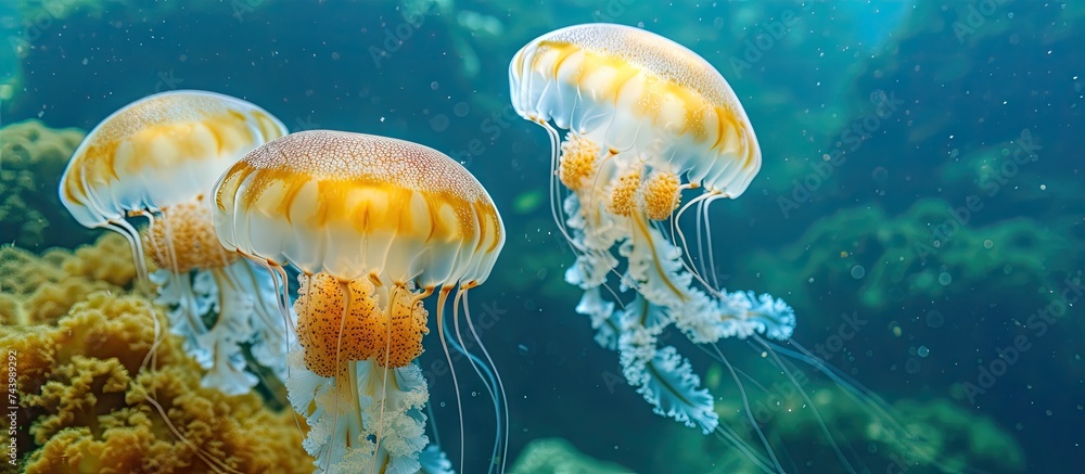 Poster many jellyfish in the sea near the shore of saint jean cap ferrat in the south of france. with copy 