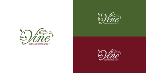Vine typography with Ivy leaf logo design presented with multiple white, red, and green background colors. The logo is suitable for gardening and restaurant logo design inspiration templates.