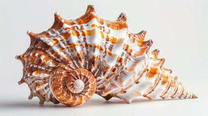 Fototapeta premium big spiral-striped seashell, isolated on white. Ideal for expressing the textured details and exotic beauty of marine shells