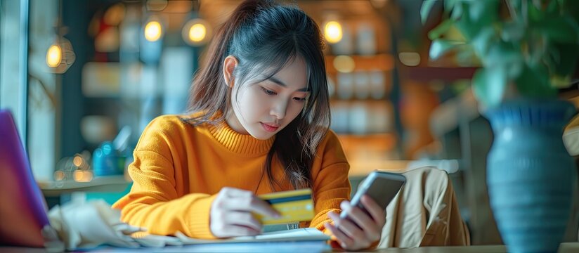 Confused millennial Asian female having a problem on her mobile banking application holding a credit card and a mobile phone sits at er desk Transferring money online payment. with copy space image