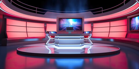 minimalistic design Studio interior for news broadcasting, vector empty placement with anchorman table on pedestal, digital screens for video presentation and neon glowing illumination. Realistic 3d - obrazy, fototapety, plakaty