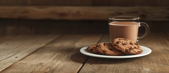 Cookies with pieces of chocolate in white plate teaspoon on checkered napkin cocoa with milk in transparent glass cup on wooden table Top view. with copy space image. Place for adding text or design - obrazy, fototapety, plakaty
