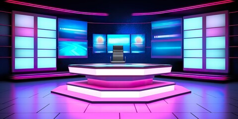 minimalistic design Studio interior for news broadcasting, vector empty placement with anchorman table on pedestal, digital screens for video presentation and neon glowing illumination. Realistic 3d
