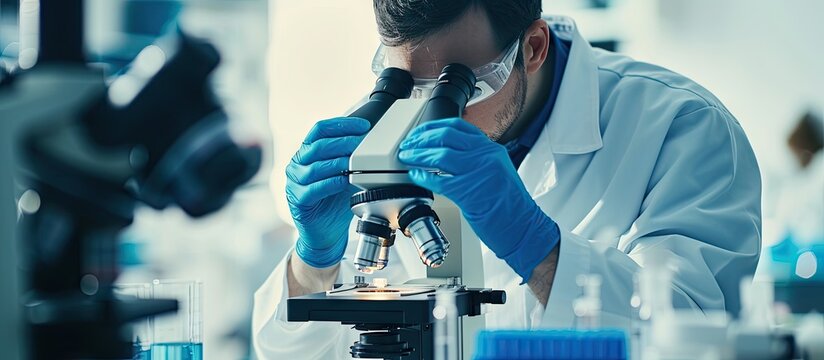 Microbiologist examining biological samples with a microscope in the laboratory. with copy space image. Place for adding text or design