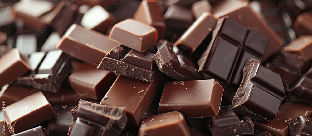Poster Pile of assorted chocolate bars close up. with copy space image. Place for adding text or design