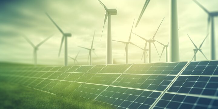 minimalistic design renewable energy background with green energy as wind turbines and solar panels