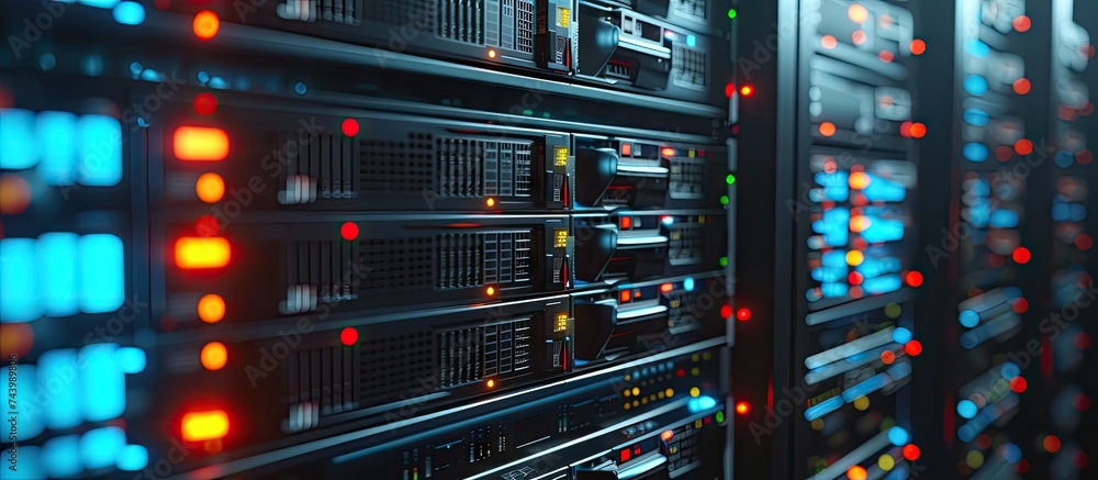 Aufkleber Data server and controls in big rack with multiple hard drives. with copy space image. Place for adding text or design