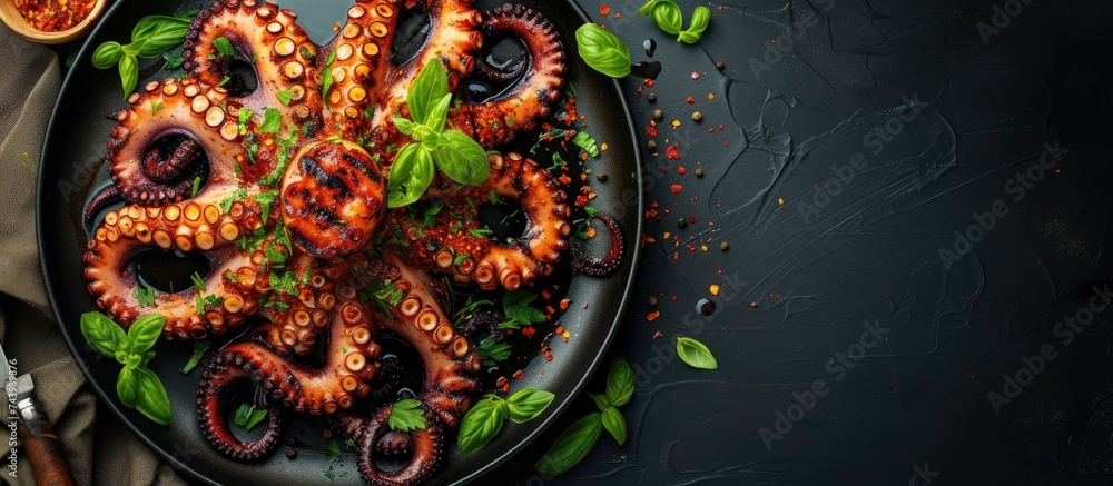 Aufkleber Grilled octopus with herbs and spices on frying pan Top view flat lay. with copy space image. Place for adding text or design