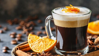 irish coffee with orange peel vertical - obrazy, fototapety, plakaty