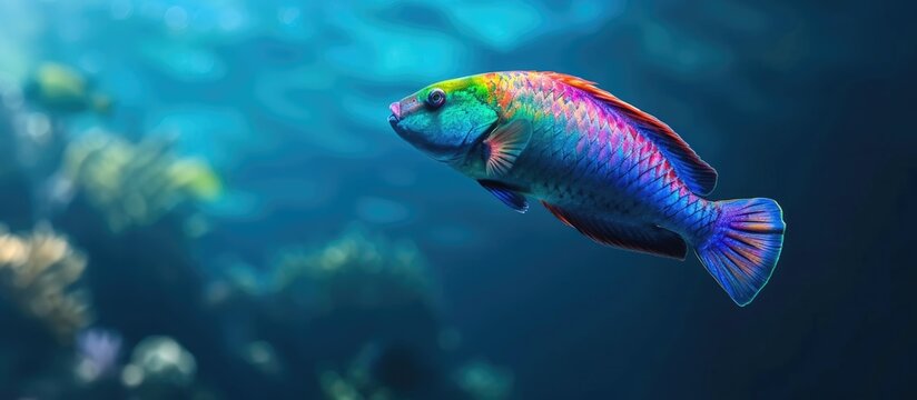 Princess Parrotfish on coral reef off Bonaire Dutch Caribbean. with copy space image. Place for adding text or design