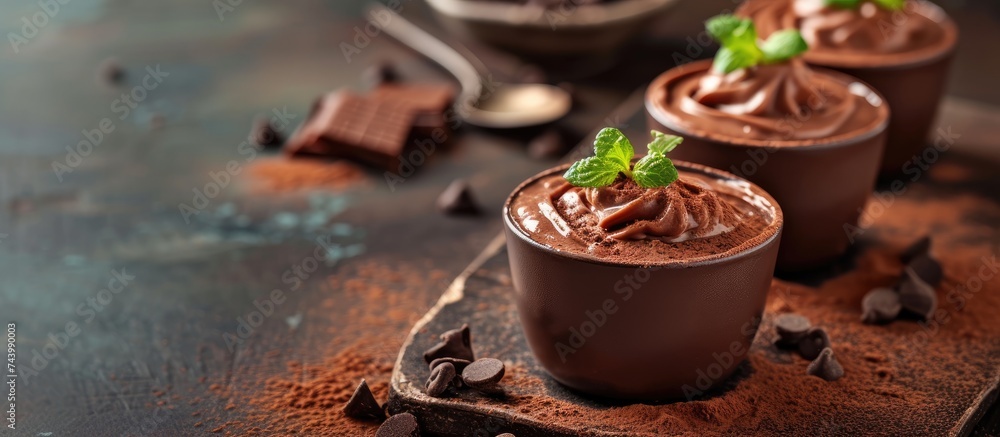 Poster delicious triple chocolate mousse desserts in glasses. with copy space image. place for adding text 