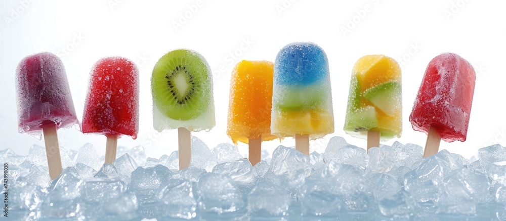 Poster variety of fruits ice lolly on ice cubes on white background. with copy space image. place for addin