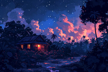Obraz premium Illustration house on a farm with many big stars in the sky at night.