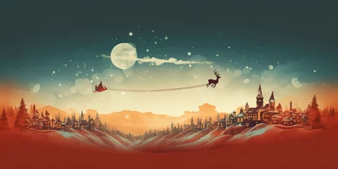 Fotobehang minimalistic design Santa Claus on the reindeer sleigh over the sky and village background © Dipankar