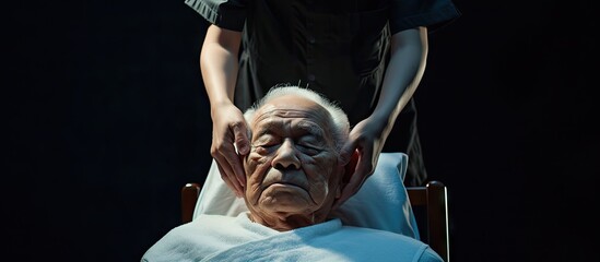 A man who massages and a Japanese senior man who receives treatment. with copy space image. Place for adding text or design - obrazy, fototapety, plakaty