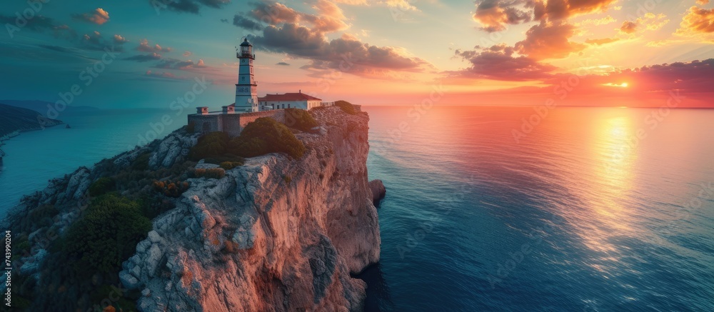 Poster lighthouse on the mountain peak at colorful sunset in summer aerial view beautiful lighthouse on the