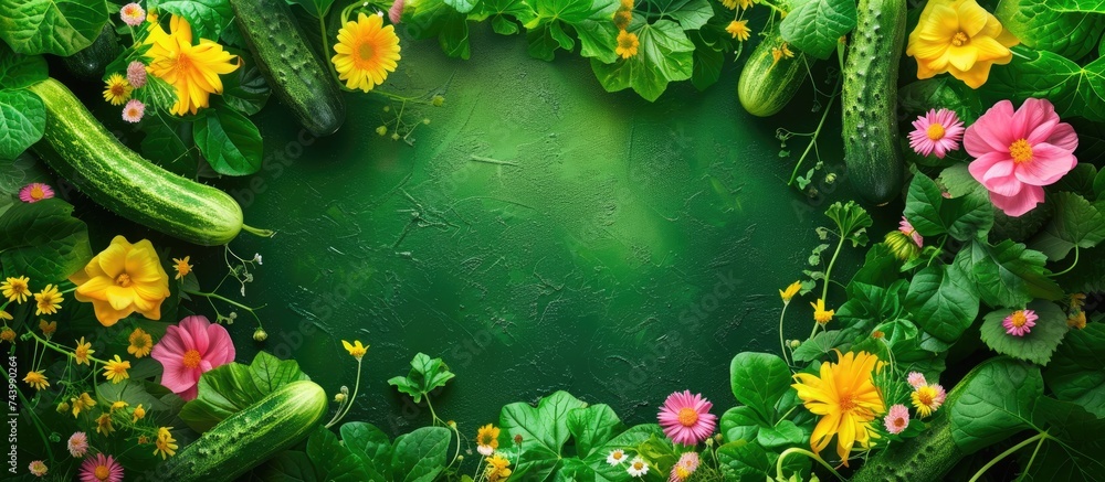 Aufkleber Picking cucumbers in the vegetable garden Fresh green cucumbers and yellow flowers. with copy space image. Place for adding text or design
