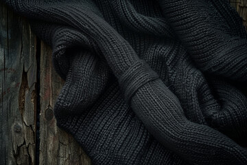 black wool fabric draped over a dark wood background - obrazy, fototapety, plakaty