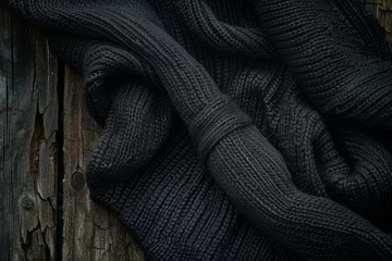 Fotobehang black wool fabric draped over a dark wood background © StockUp