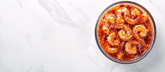 Korean style pickled shrimps Saewoo Jang marinate raw shrimps with chili garlic and soy sauce. with copy space image. Place for adding text or design