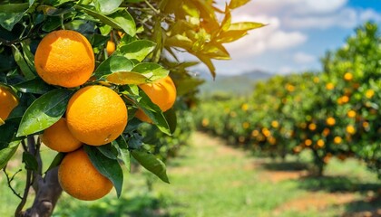 orange tree with orange fruit hanging on the orange tree the background is an orange garden