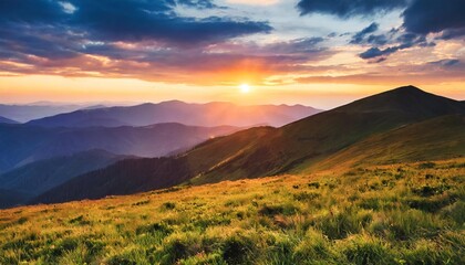 the sun sets over the mountain ranges carpathian mountains ukraine europe - obrazy, fototapety, plakaty
