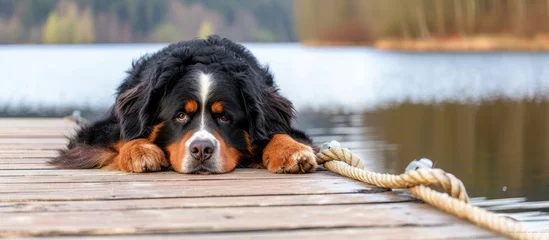 Deurstickers A big and fluffy Bernese Mountain Dog rests on a wooden pier by a rope. © AkuAku