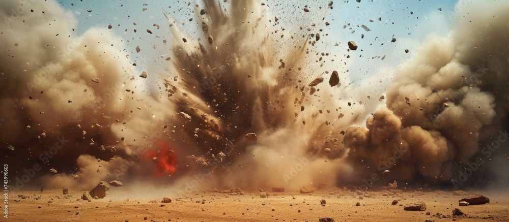 Poster explosion of military explosives in the open. with copy space image. place for adding text or design