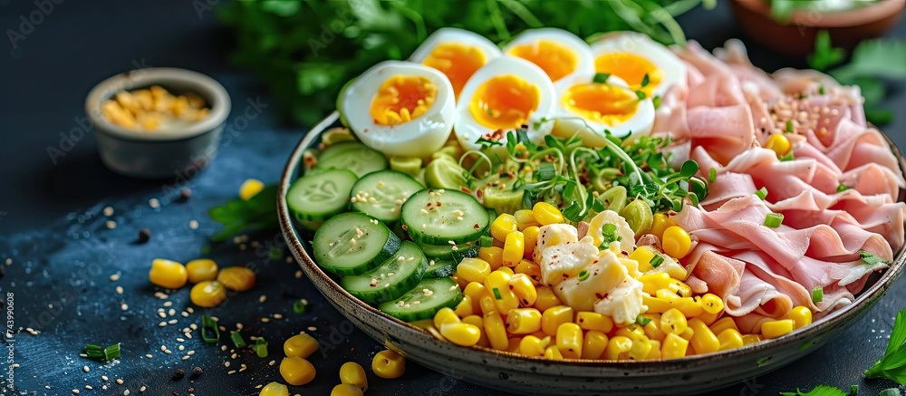 Aufkleber Festive salad with ham cucumber boiled eggs sweet corn and mayonnaise on rustic. with copy space image. Place for adding text or design