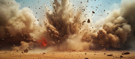 Explosion of military explosives in the open. with copy space image. Place for adding text or design - obrazy, fototapety, plakaty