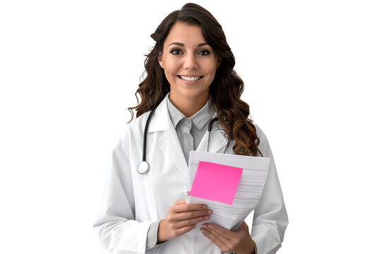 A woman oncologist wearing a white coat and a pink ribbon, holding a report This PNG file, with an isolated cutout object on a transparent background